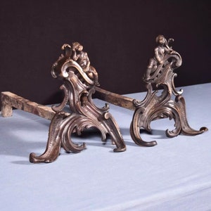 Antique French Bronze and Iron Andirons/Fireplace Decorations with Cherubs