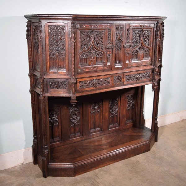 Antique French Gothic Revival Cabinet/Console in Highly Carved Oak Wood