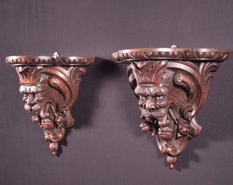 Pair of Large French Antique Lion Wall Sconces/Shelves in Solid Oak and Chestnut