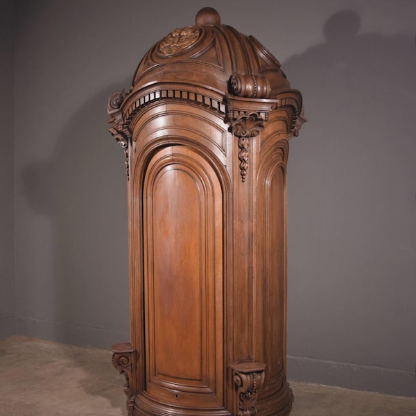 93" Tall Antique French Solid Oak Church Statuary Cabinet with Rotating Door