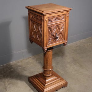 Vintage French Gothic Revival Stand, Cabinet, End Table Highly Carved Oak Wood