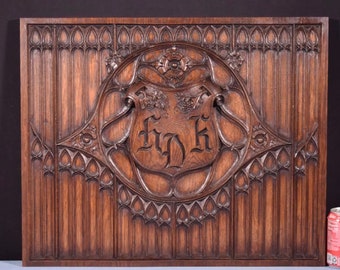 Vintage French Gothic Revival Panel in Solid Oak Wood Salvage with Initials HDK