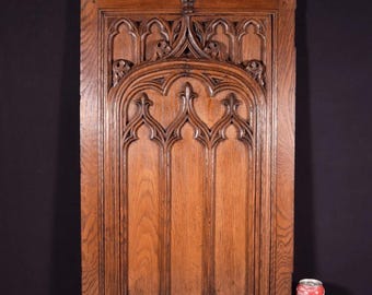 31&quot; Tall French Antique Gothic Revival Door Panel in Solid Oak Wood Salvage