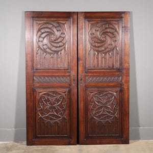 64&quot; Tall Pair of French Antique Neo Gothic Cabinet Doors Solid Oak Wood