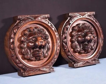 11" Pair of French Antique Renaissance Medallions Carved Oak Wood Trim Lions