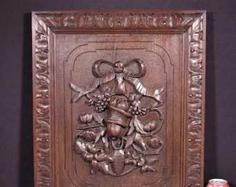 Antique French Deeply Carved Panel in Solid Oak Wood Salvage with Bow