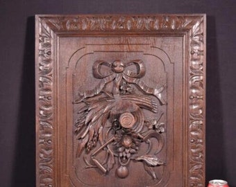 Antique French Deeply Carved Panel in Solid Oak Wood Salvage with Bow