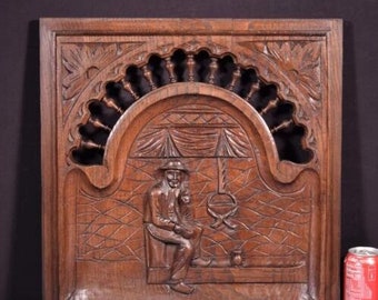 Antique French Breton Panel Brittany in Solid Chestnut Wood with a Man