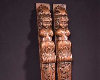 Pair of 28" Tall French Antique Solid Oak Wood Figures/Trim Posts Salvage