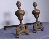 16 quot tall Antique Bronze and Iron Andirons Fireplace Chenet with Dolphin Feet