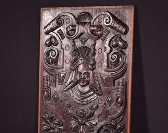 French Antique Deeply Carved Solid Oak Wood Panel with Figure in the Center