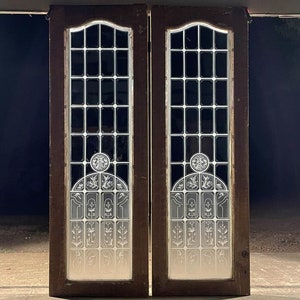 75&quot; Tall Pair of Antique French Etched Glass Windows Frosted Glass Salvage