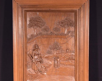 Large French Antique Deep Carved Framed Panel in Solid Walnut Wood Breton