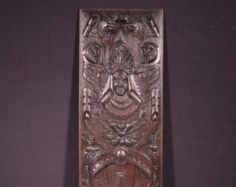 French Antique Deeply Carved Solid Oak Wood Panel with Figure in the Center