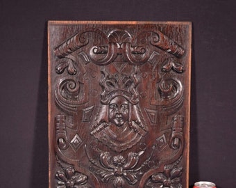 French Antique Deeply Carved Solid Oak Wood Panel with Figure in the Center