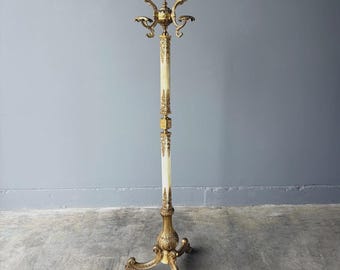 Perchero/sombrerero de entrada de latón y mármol ónix, antiguo y ornamentado, de 170 cm de altura.