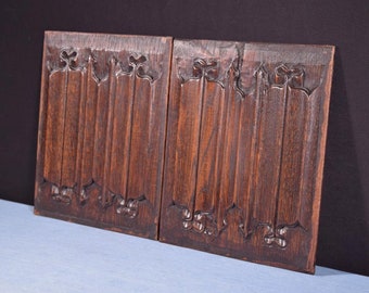 Pair of Gothic Linen Fold Carved Panels/Trim in Solid Oak Wood