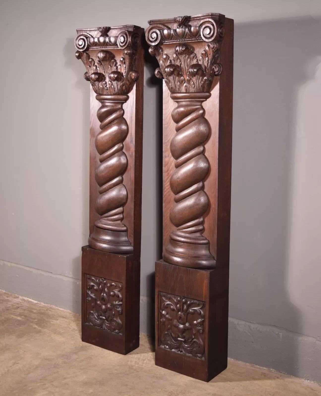 Vintage French Oak Highly Carved Fireplace Side Pillars in Solid Oak w/Griffins