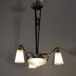 Antique French Art Deco Chandelier with Frosted Glass and Iron by Muller Freres