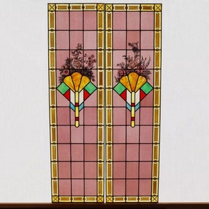 69&quot; Pair of Vintage French Art Deco Stained Glass Windows w/Hand Painted Flowers