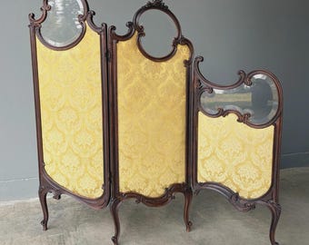 61" Tall Antique French Louis XV Rococo Tri-Fold Screen with Beveled Glass
