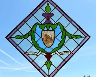31" Tall Vintage Belgian/Flanders Stained/Leaded Glass Panel of Bruges Belgium
