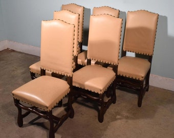 Set of 6 Vintage French Os De Mouton Oak Wood and Leather Chairs