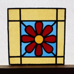 9&quot; Tall Antique French Stained Glass Panel with Flower Leaded Glass