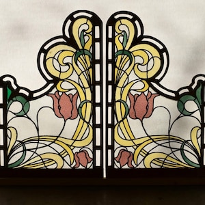 Pair of Wood Framed Antique French Art Nouveau Stained Glass Panels Leaded Glass