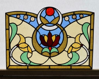 Antique French Stained Glass Panel with & Leaded Glass and Flower Design
