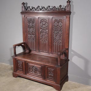72&quot; Tall Antique French Gothic Revival Oak Wood Bench/Settee/Chair Highly Carved