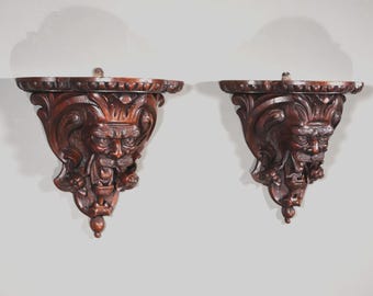 Pair of Large French Antique Lion Wall Sconces/Shelves in Solid Oak and Chestnut *Free Shipping*