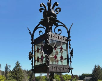 27" French Antique Gothic Iron & Stained Glass Hanging Chandelier/Pendant Lamp
