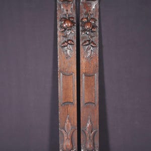 May include: A pair of tall, rectangular dark brown wooden panels featuring intricate relief carvings. Each panel displays a top section with scrollwork and fruit motifs, a central plain recessed rectangular area, and a bottom section with floral carvings.