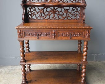 Antique French Renaissance Sideboard/Buffet in Solid Oak Highly Carved Wood