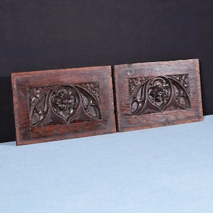 Pair of French Antique Gothic Revival Panels Solid Oak Wood Salvage Early 1800&#39;s