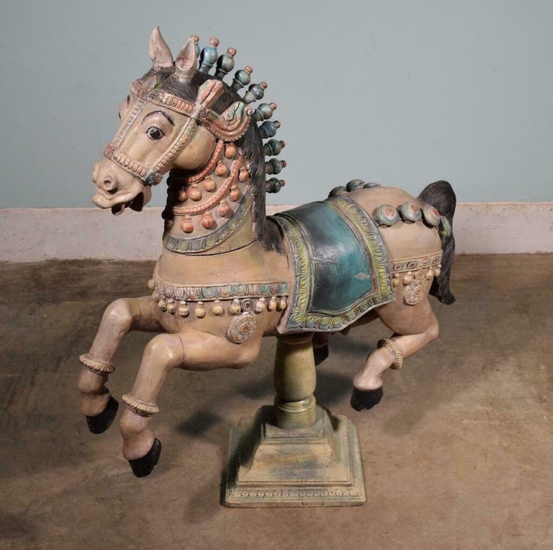 Vintage Carved Solid Wood Carousel Horse Sculpture on Stand image 1