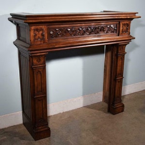 Antique French Gothic Revival Walnut Fireplace Surround/ Mantel