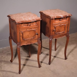 Pair of Antique French Louis XV Nightstands in Walnut with Marble Tops