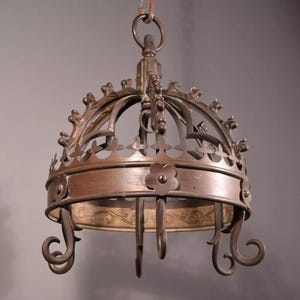 Antique Gothic French Bronze Crown Chandelier Pendent Hanging Lamp