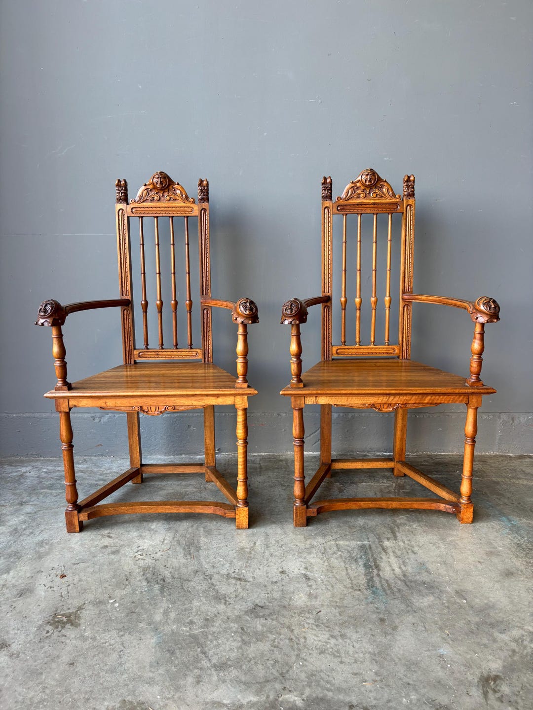 Pair of Antique Renaissance Revival Arm Chairs Solid Walnut Hand Carved ...