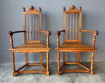 Pair of Antique Renaissance Revival Arm Chairs Solid Walnut Hand Carved Jesters