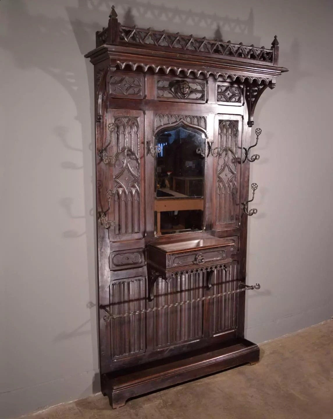 Antique French Gothic Hall Tree/hall Stand/coat/hat Rack in Solid