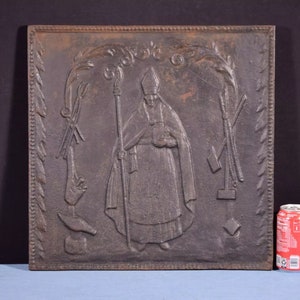 18&quot; Tall Antique French Cast Iron Fireback Panel from 1800&#39;s with Saint Eligius
