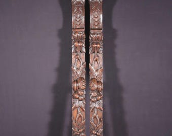 42" Pair of French Antique Solid Oak Highly Carved Wood Trim Posts with Lions