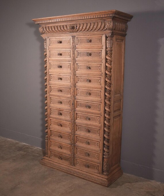 77" Tall Antique French Apothecary Cabinet Solid Oak Carved with Compartments