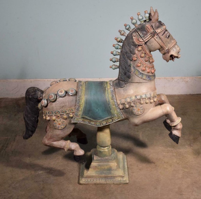 Vintage Carved Solid Wood Carousel Horse Sculpture on Stand image 2