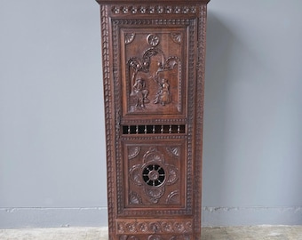 71" Tall French Antique Breton Cabinet in Solid Chestnut Wood w/Carved Figures