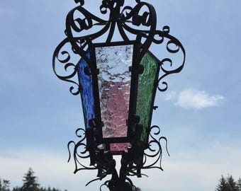 25" Tall French Antique Iron and Stained Glass Hanging Chandelier/Pendant Lamp