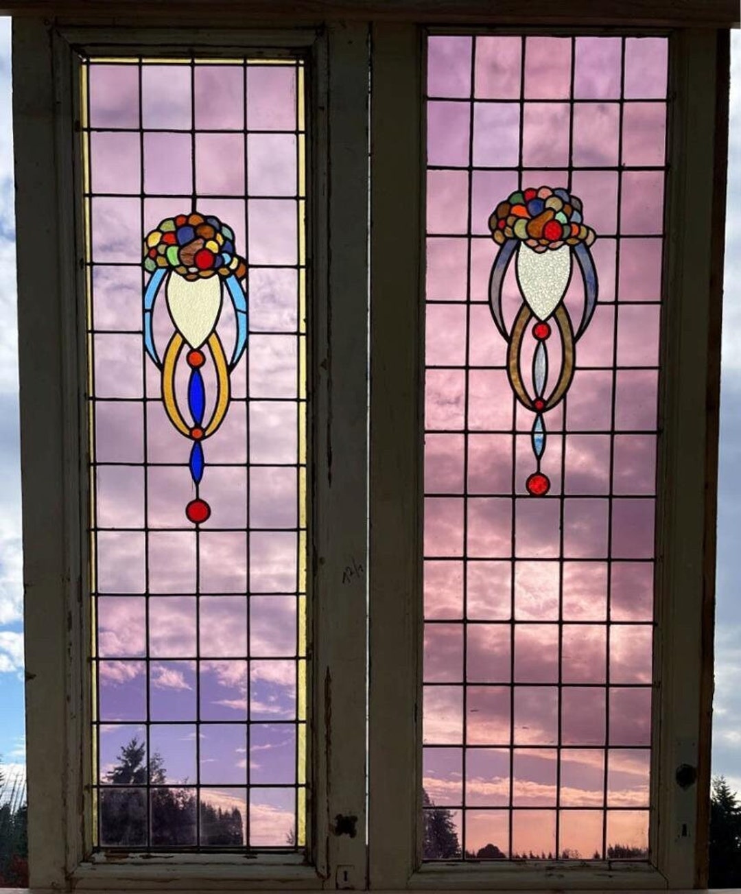 Two Antique French Stained Glass Windows With Leaded Glass and Pine Frames Etsy